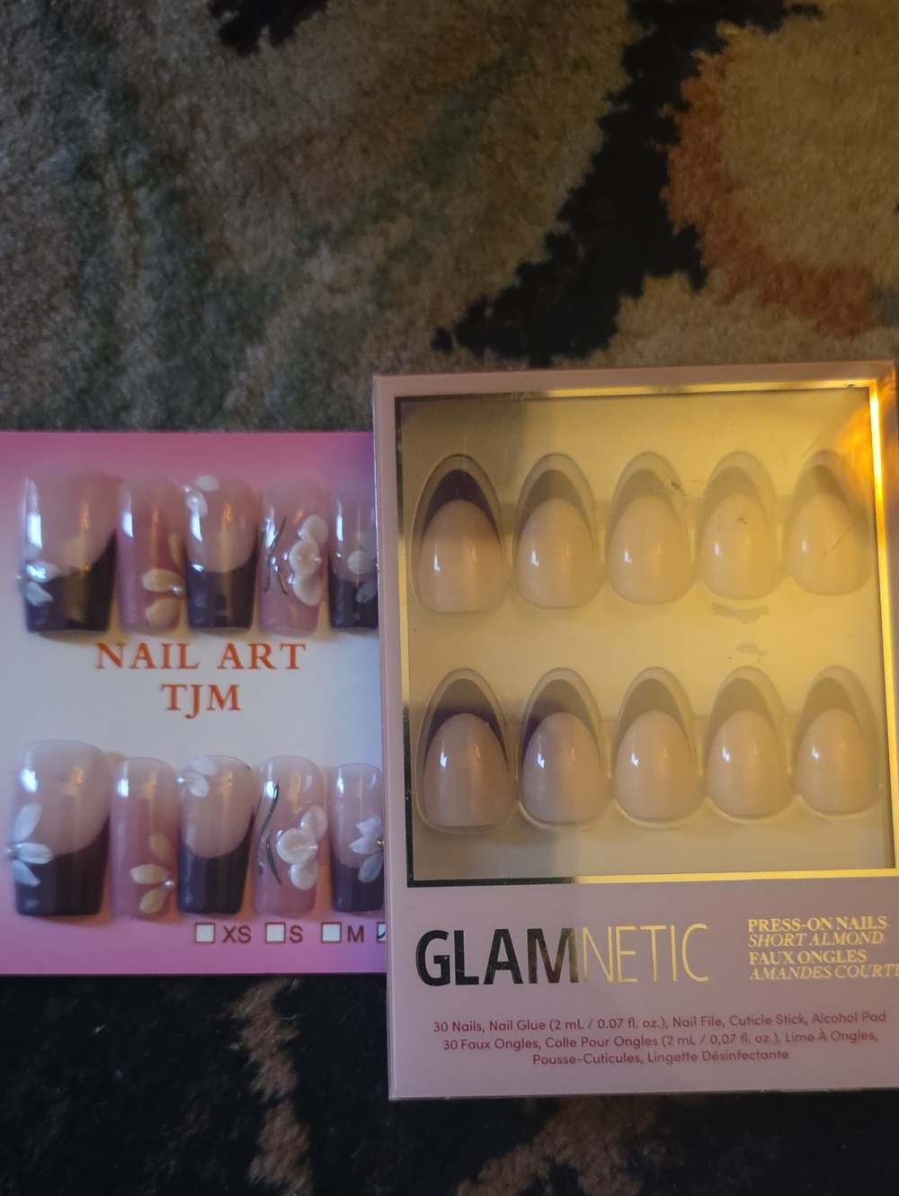 Glamnetic Nude Press-On Nails with Black Tips and Floral Accent Set
